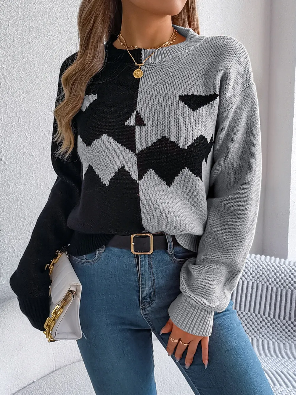 Contrast Round Neck Long Sleeve Sweater, image 15