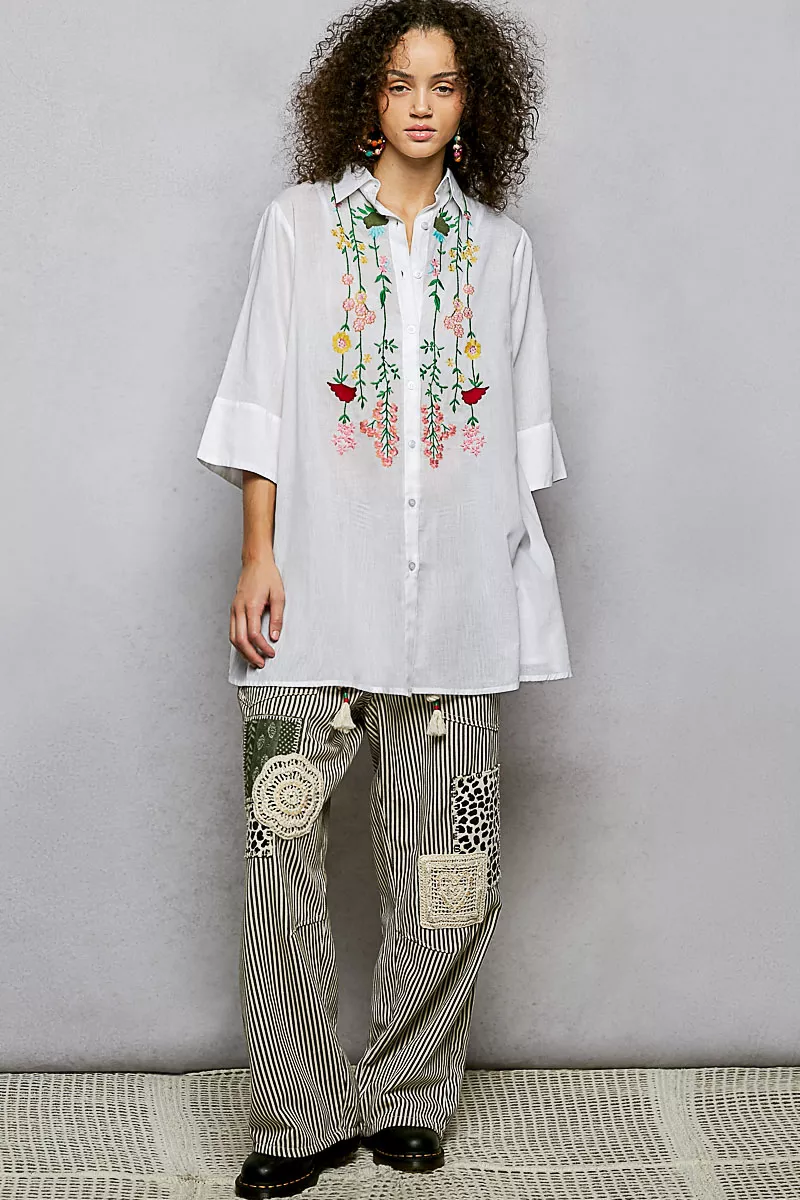 Floral Embroidered Half Sleeve Cotton Shirt, image 2