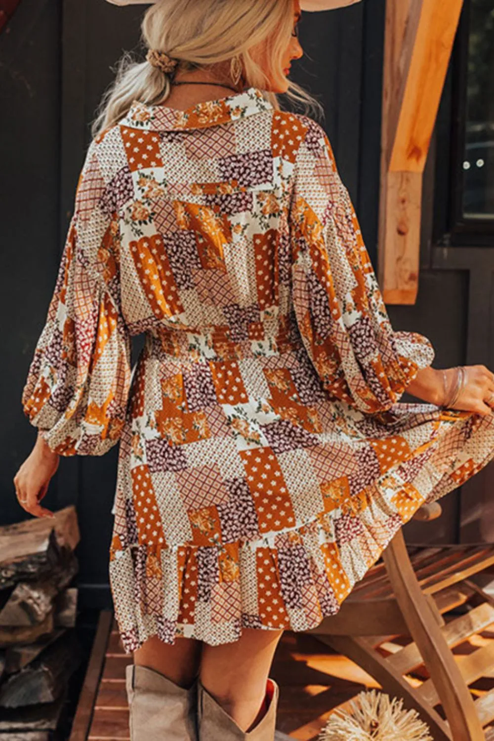 Printed Collared Neck Three-Quarter Sleeve Mini Shirt Dress, image 4