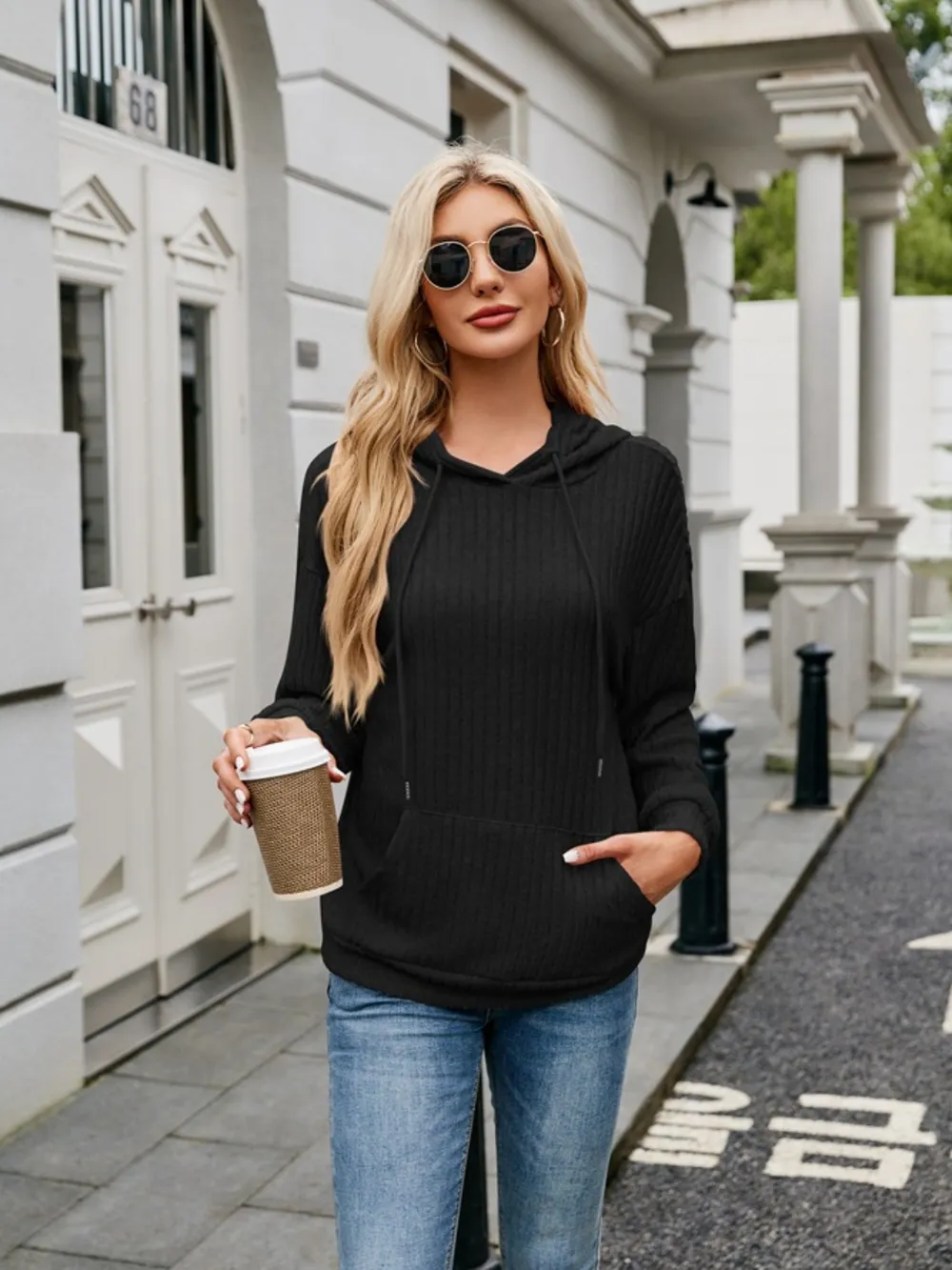 Ribbed Drawstring Long Sleeve Hoodie, image 15
