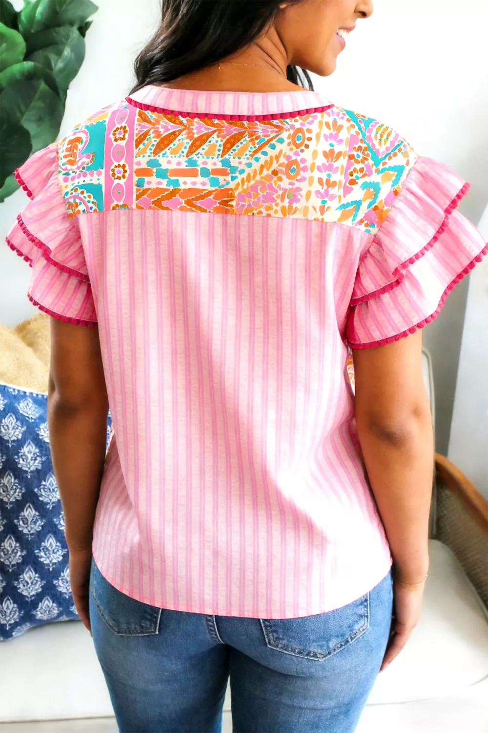 Mixed Print Contrast Trim Striped Patchwork Tiered Short Sleeve Blouse, image 4
