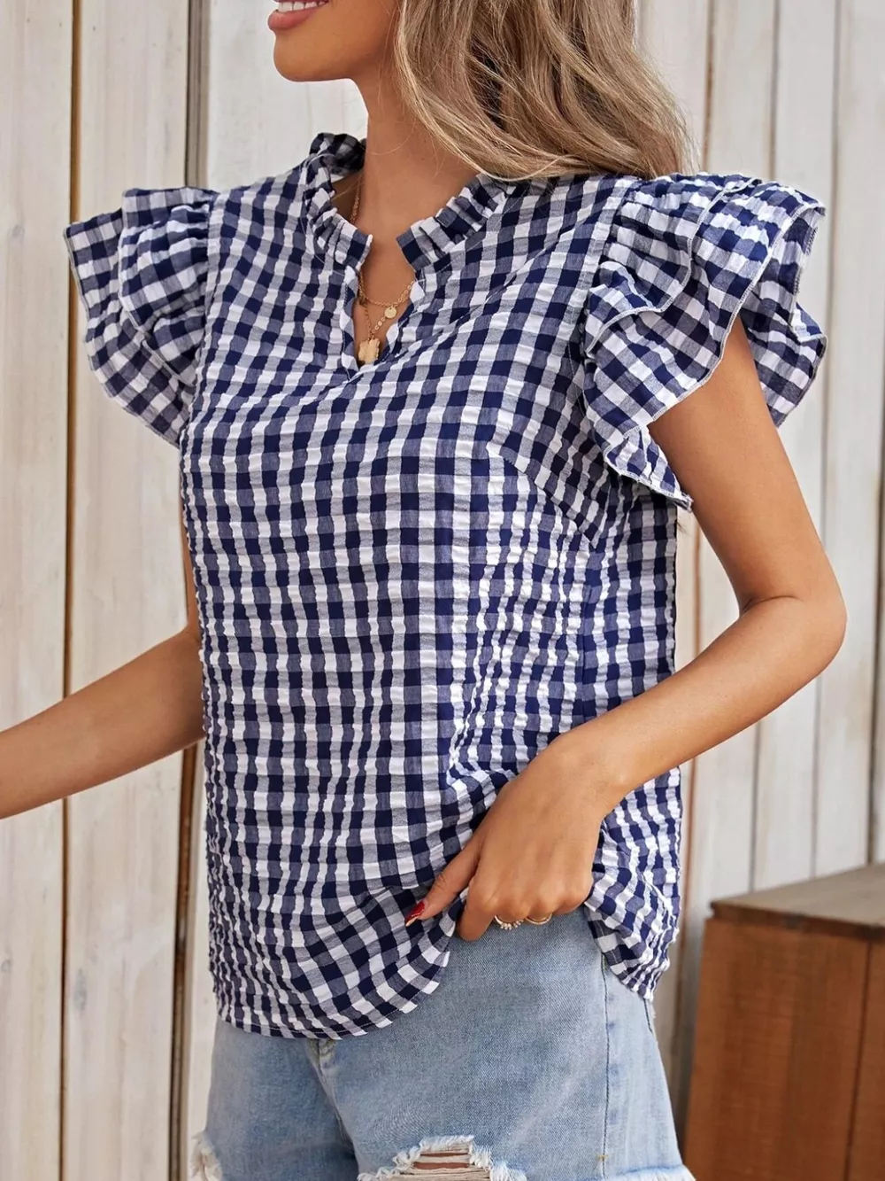 Gingham Ruffle Sleeve Blouse, image 8