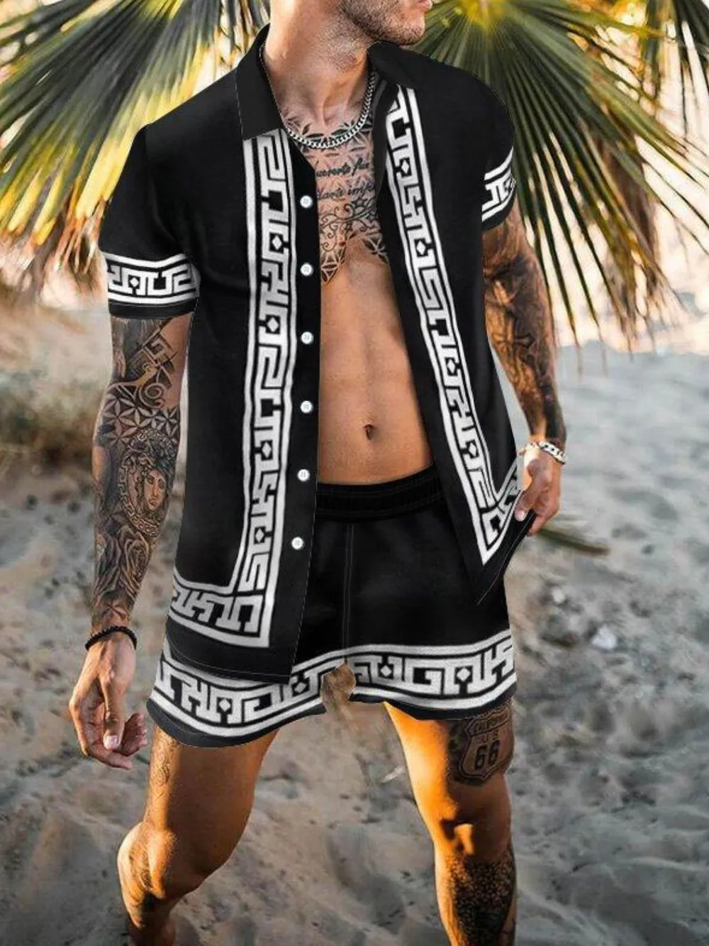 Men's Full Size Printed Button Up Top and Shorts Set Plus Size, image 3