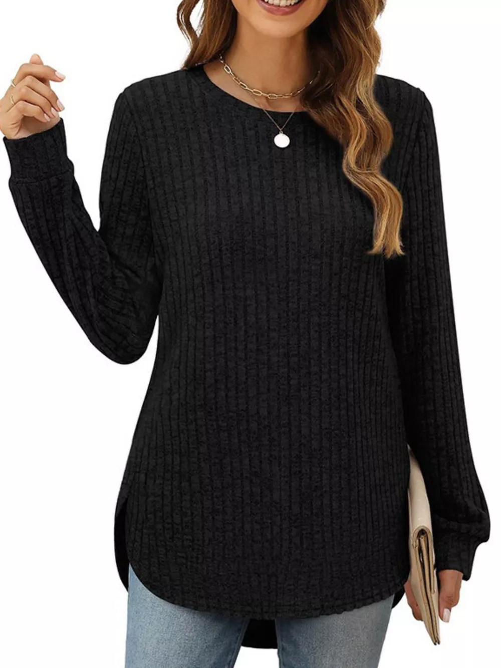 Ribbed Texture Round Neck Long Sleeve Rounded Hem Knit Top, image 2