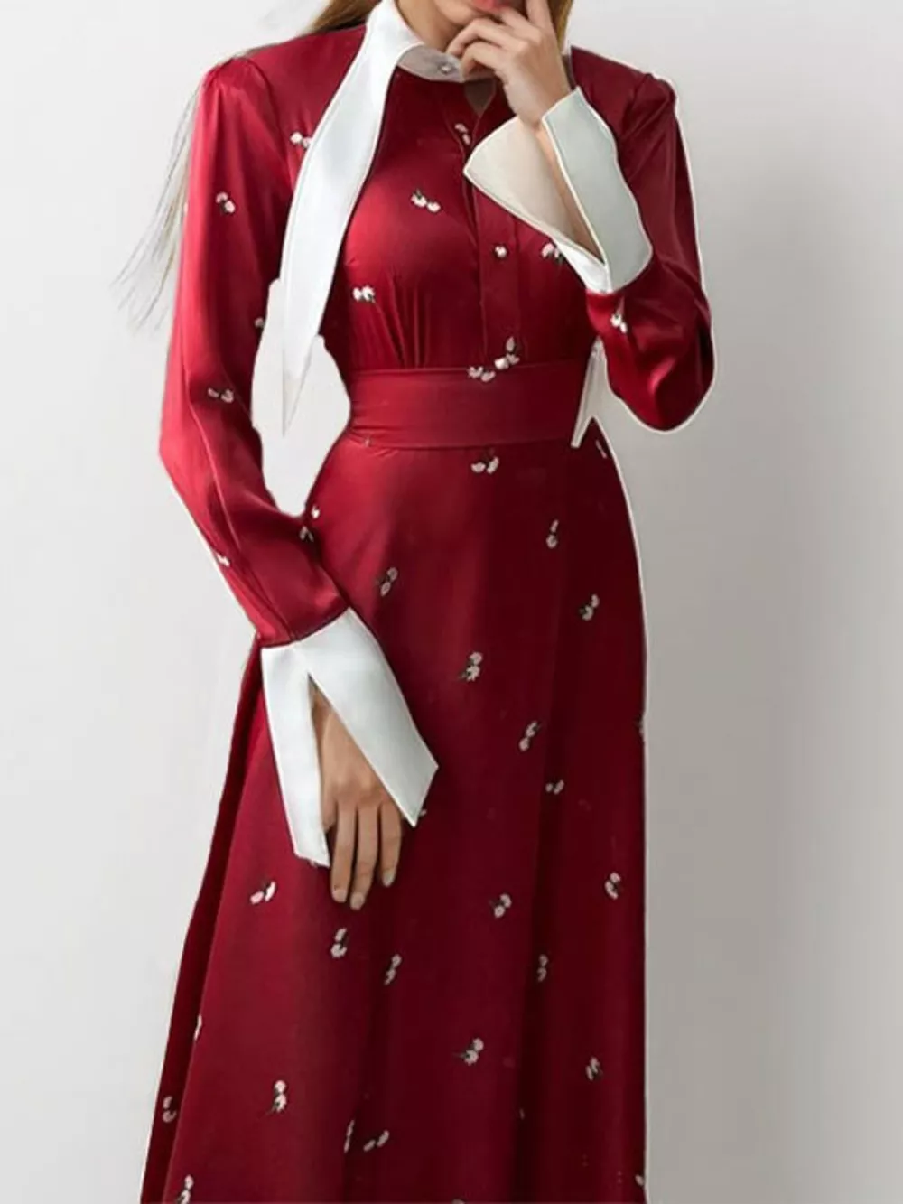 Full Size Contrast Collar Long Sleeve Midi Dress Plus Size, image 4