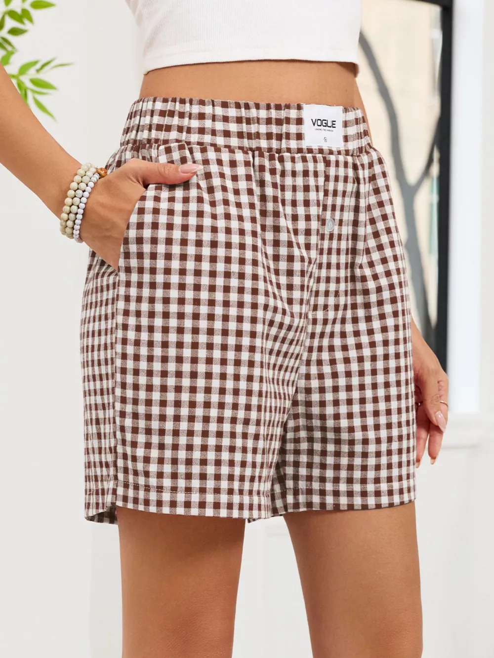 Gingham Elastic Waist Casual Shorts, image 6