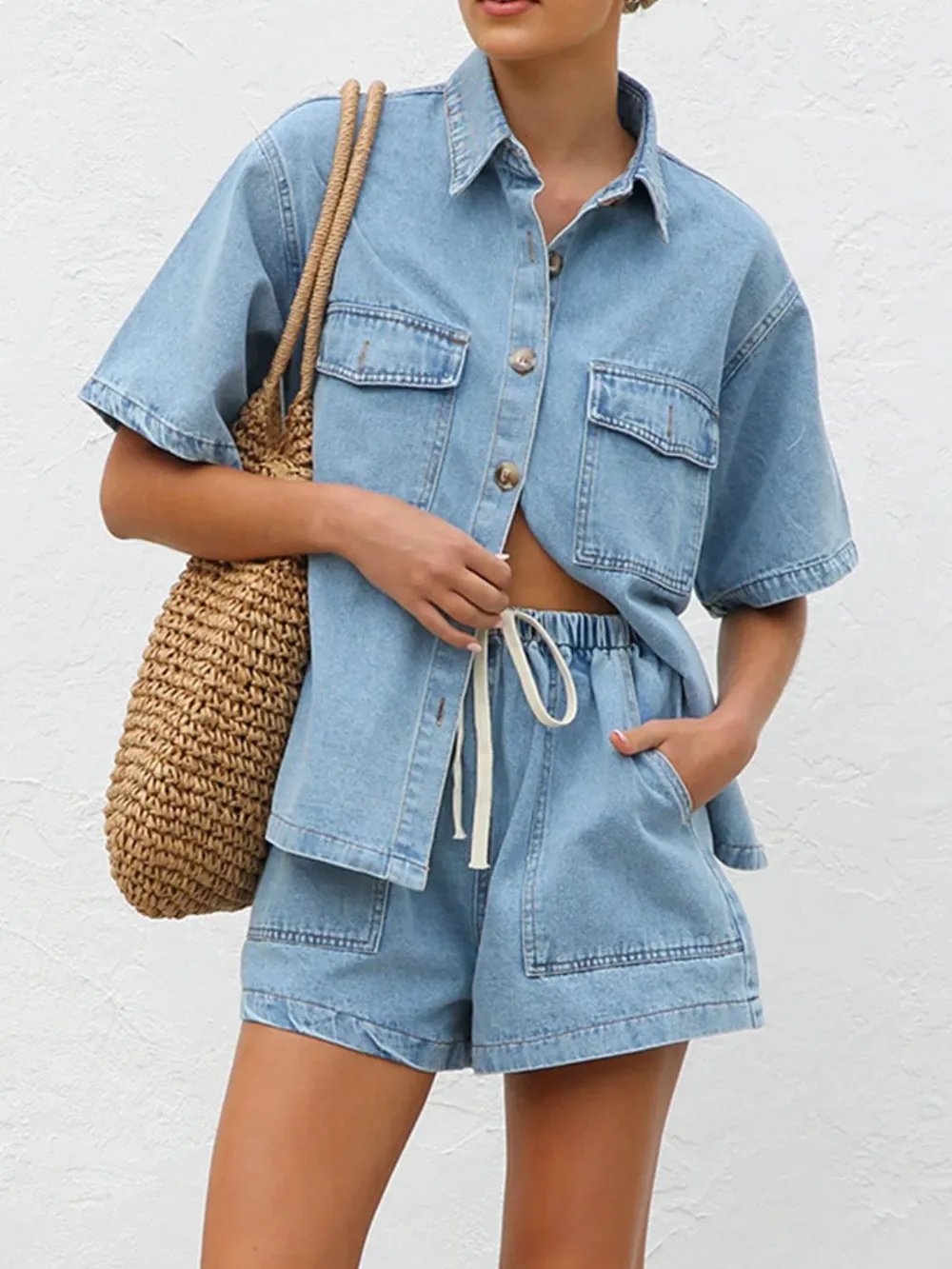 Button Up Short Sleeve Top and Shorts Denim Set, image 4
