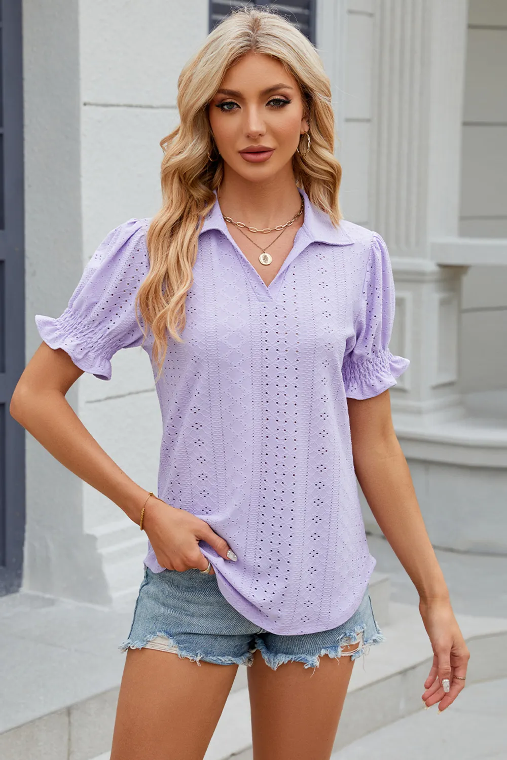 Eyelet Johnny Collar Short Sleeve Blouse, image 19