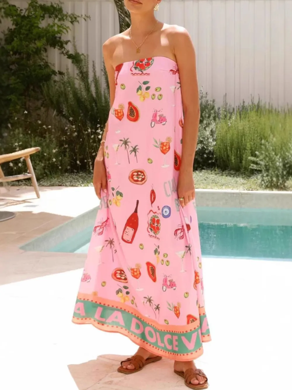 Printed Strapless Summer Maxi Dress, image 3