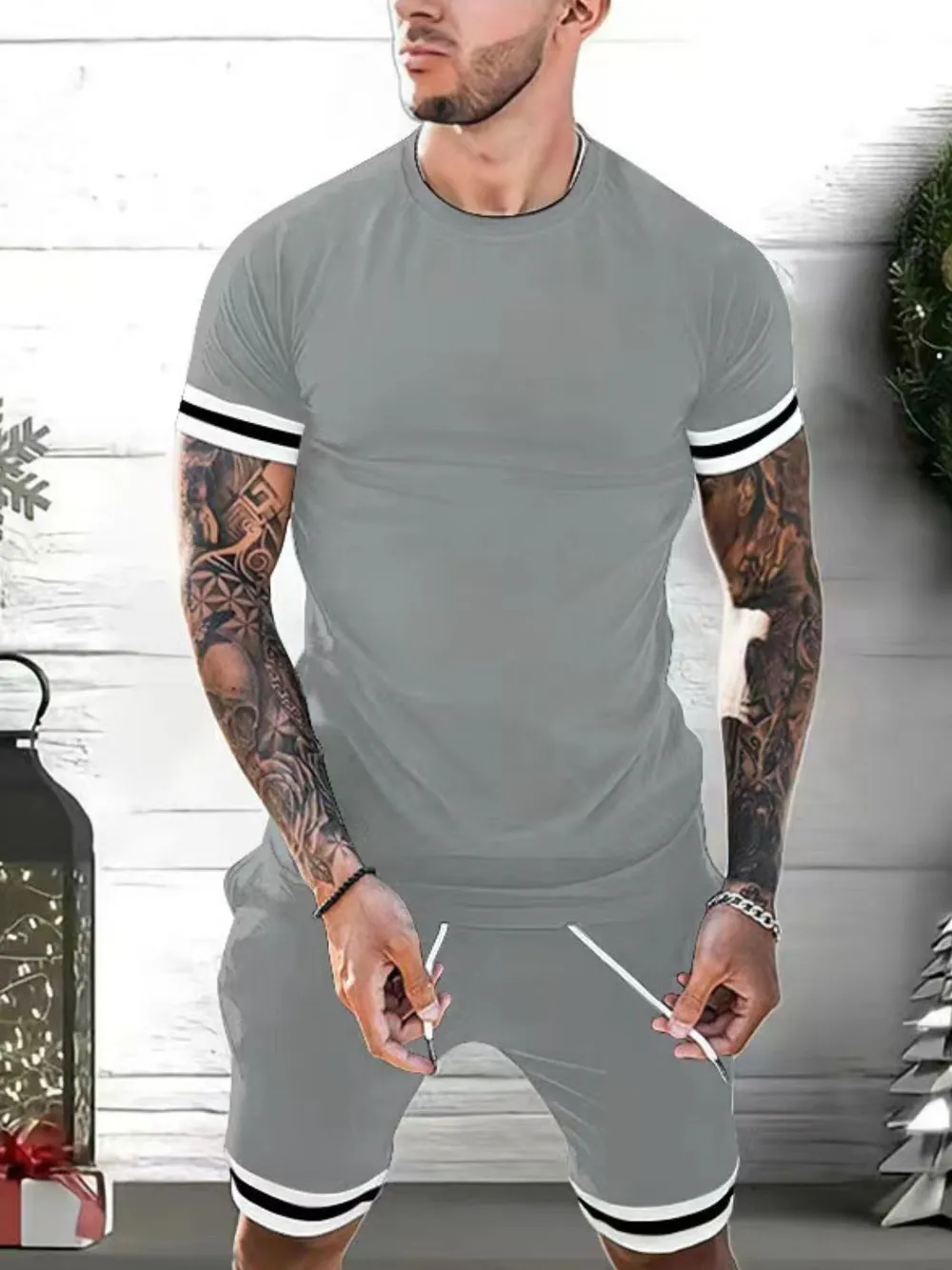 Men's Plus Size Round Neck Short Sleeve Top and Shorts Set, image 4