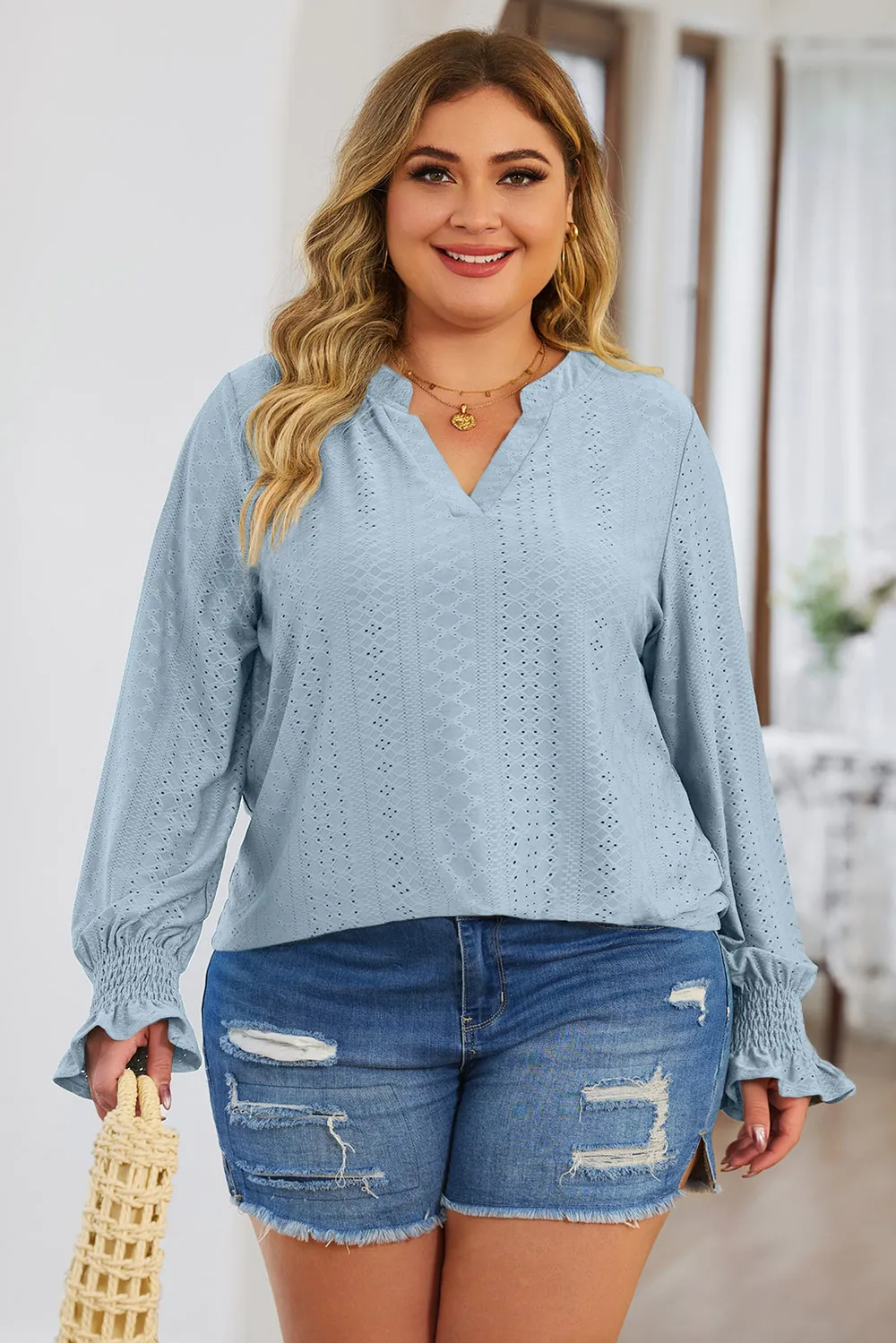 Plus Size Eyelet Notched Flounce Sleeve Blouse, image 8
