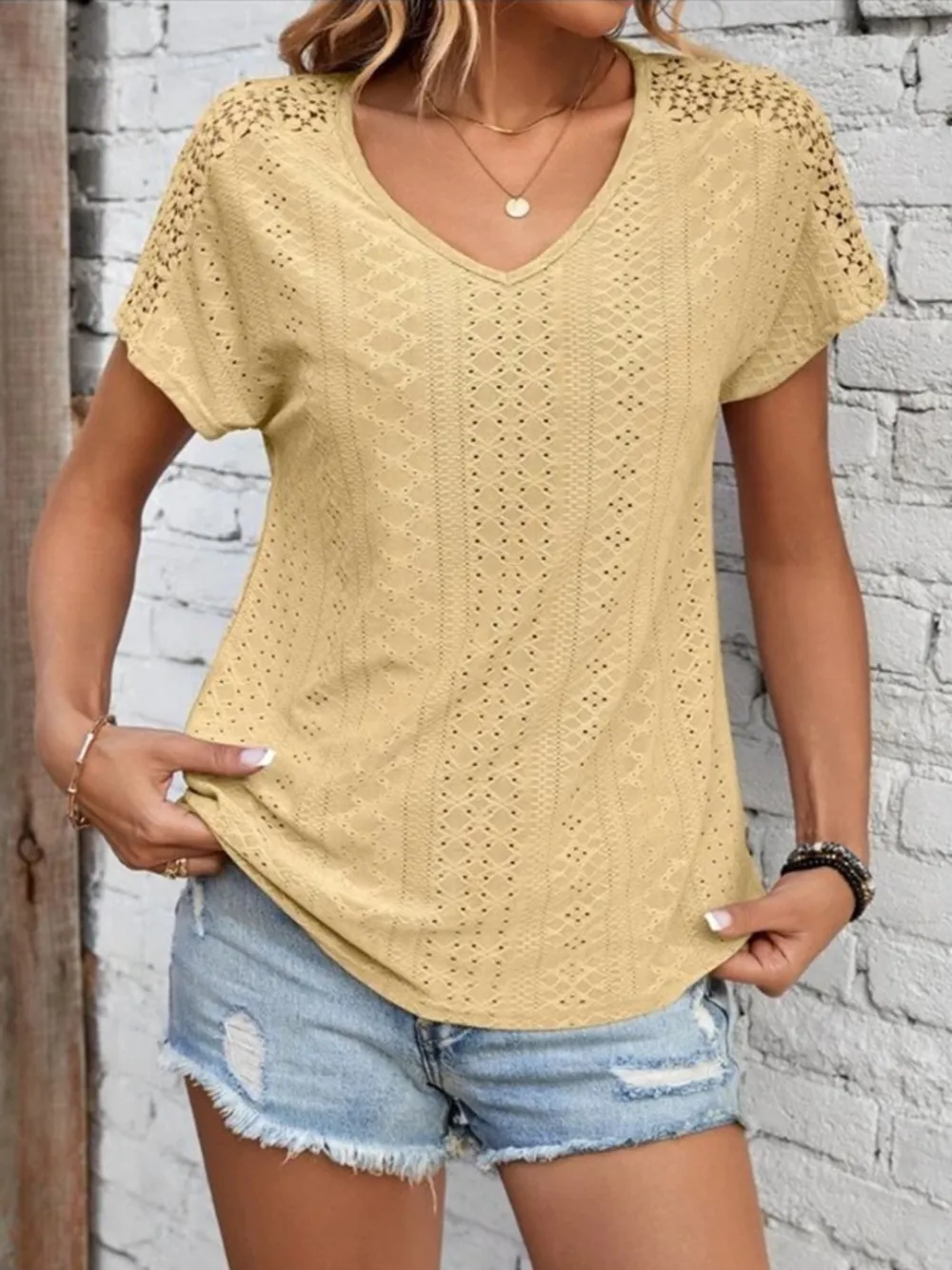 Eyelet V-Neck Short Sleeve T-Shirt, image 10