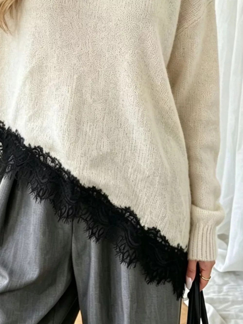 Round Neck Sweater with Asymmetric Lace Hem, image 6