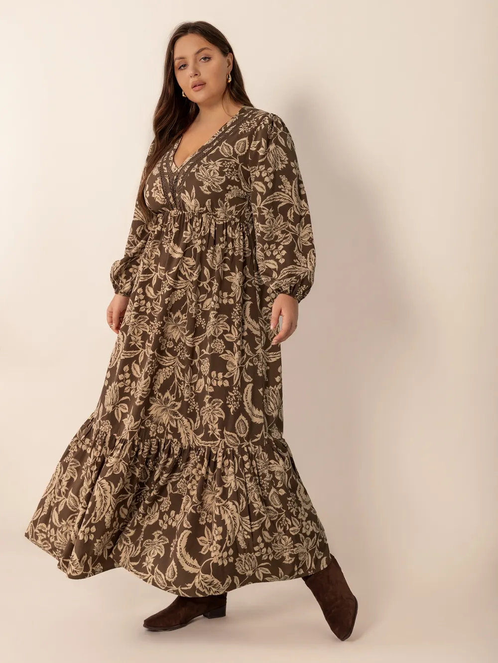 Plus Size Printed V-Neck Balloon Sleeve Maxi Dress, image 2