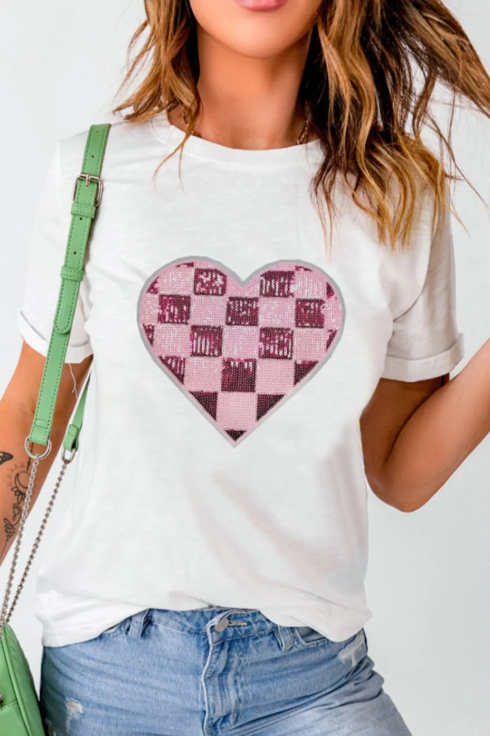 Sequin Checkered Heart Round Neck Short Sleeve T-Shirt, image 2