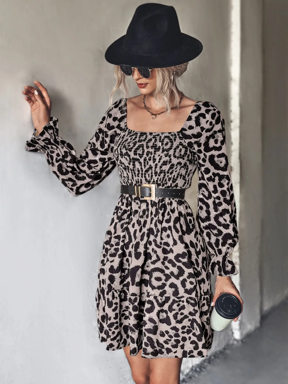 Leopard Smocked Flounce Sleeve Mini Dress, image 5
