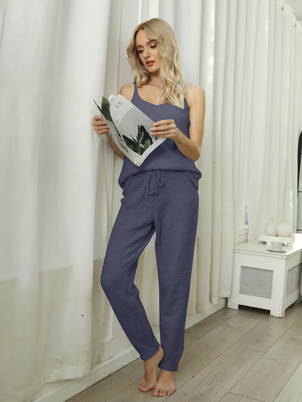 Fuzzy V-Neck Cami and Pants Lounge Set, image 7
