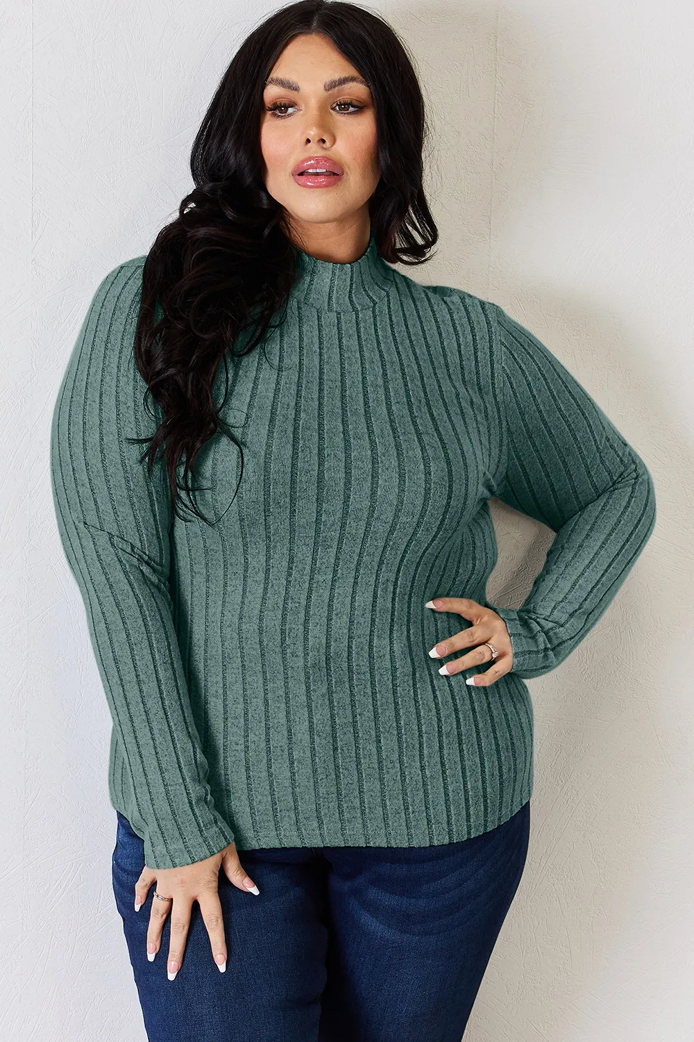 Full Size Ribbed Mock Neck Long Sleeve T-Shirt, image 8