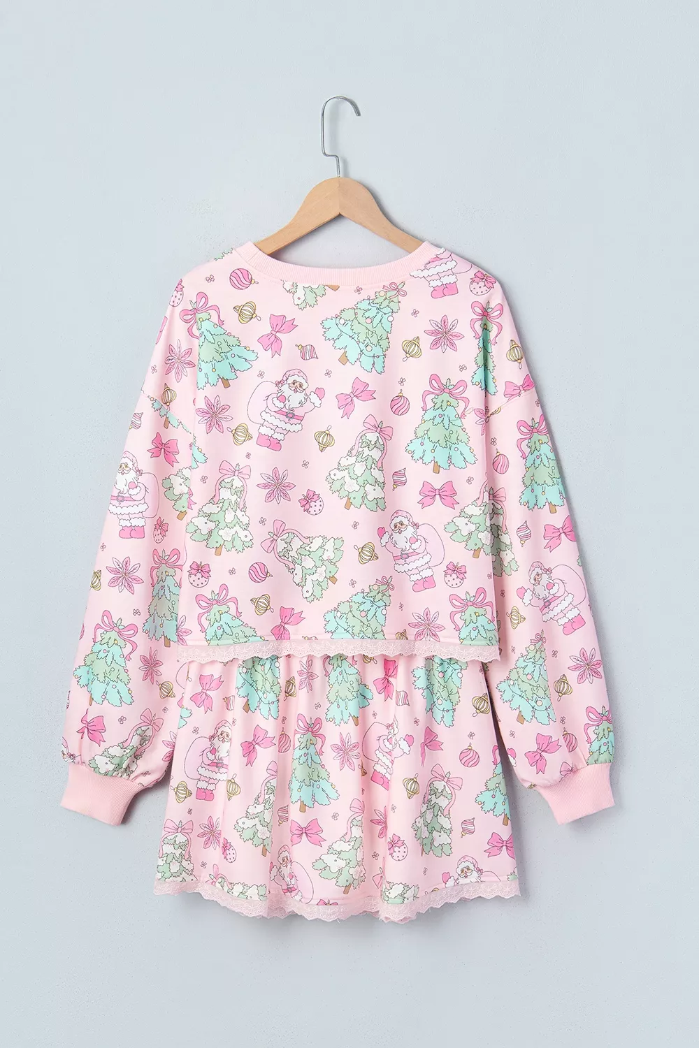 Floral Print Lace Trim Long Sleeve Top and Skirt Set, image 5