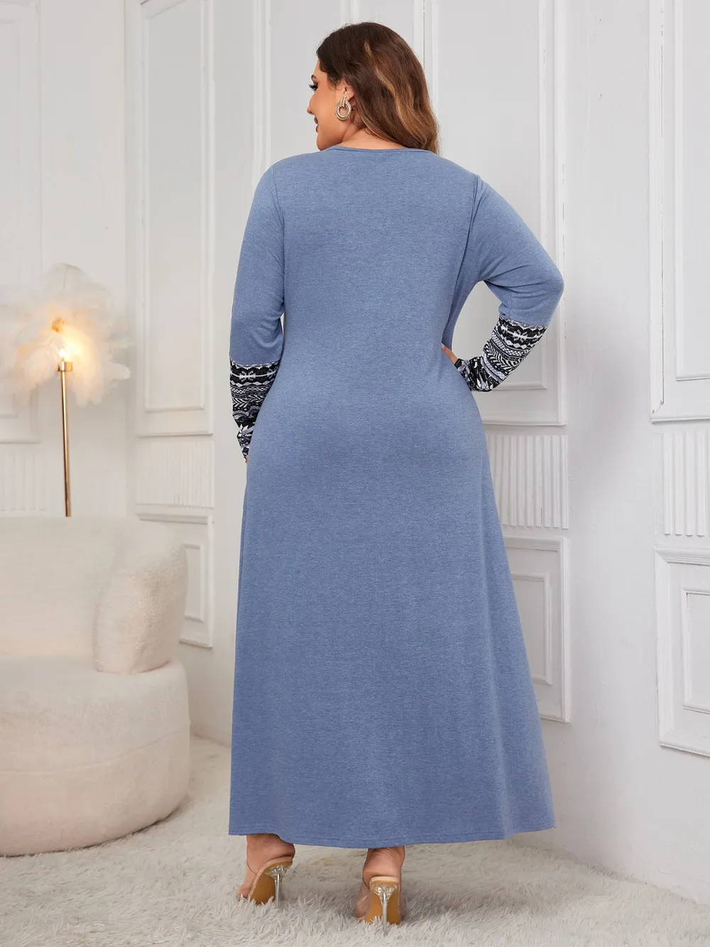 Plus Size Printed Round Neck Long Sleeve Dress, image 3