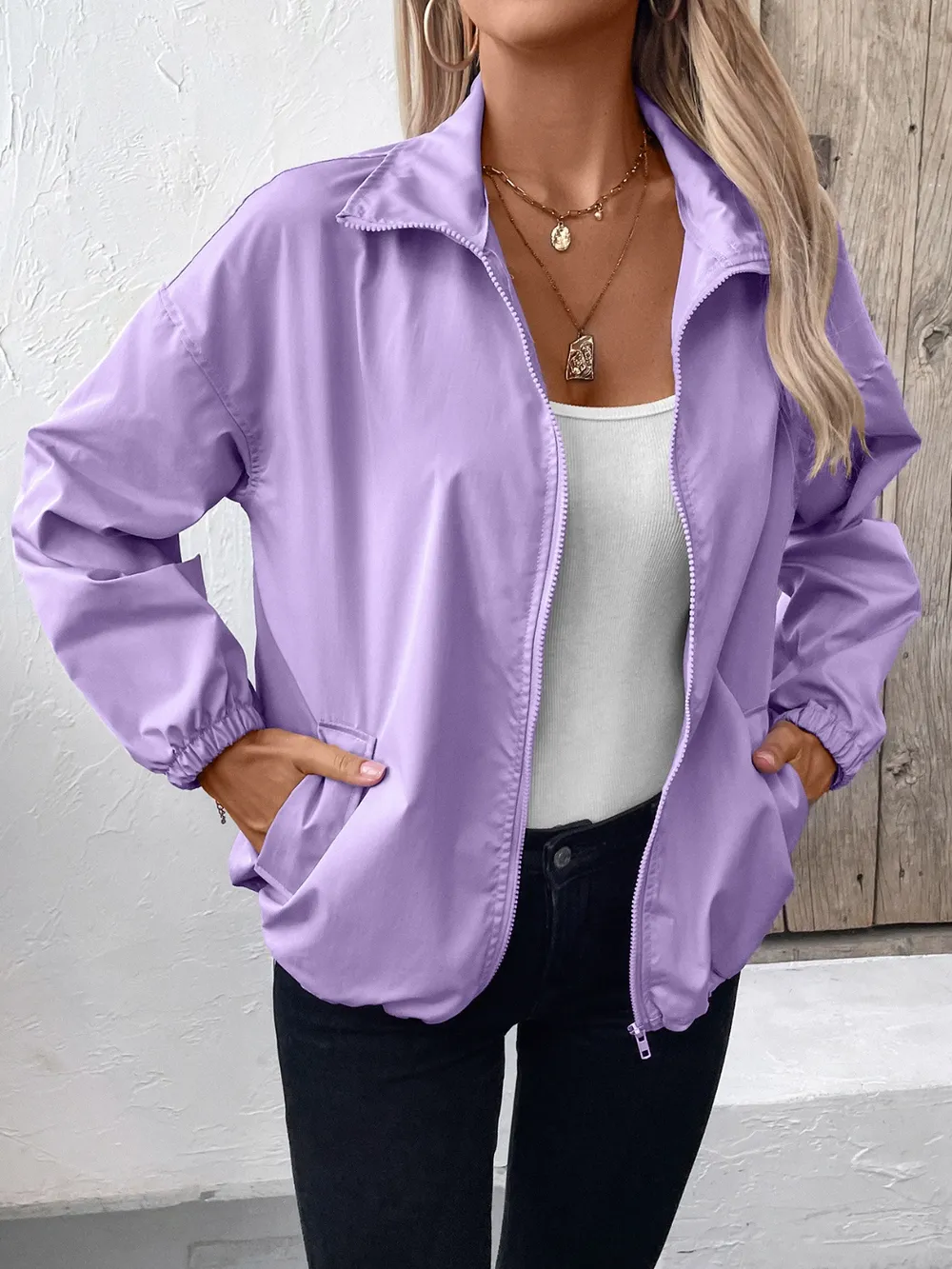 Pocketed Zip Up Long Sleeve Jacket, image 15