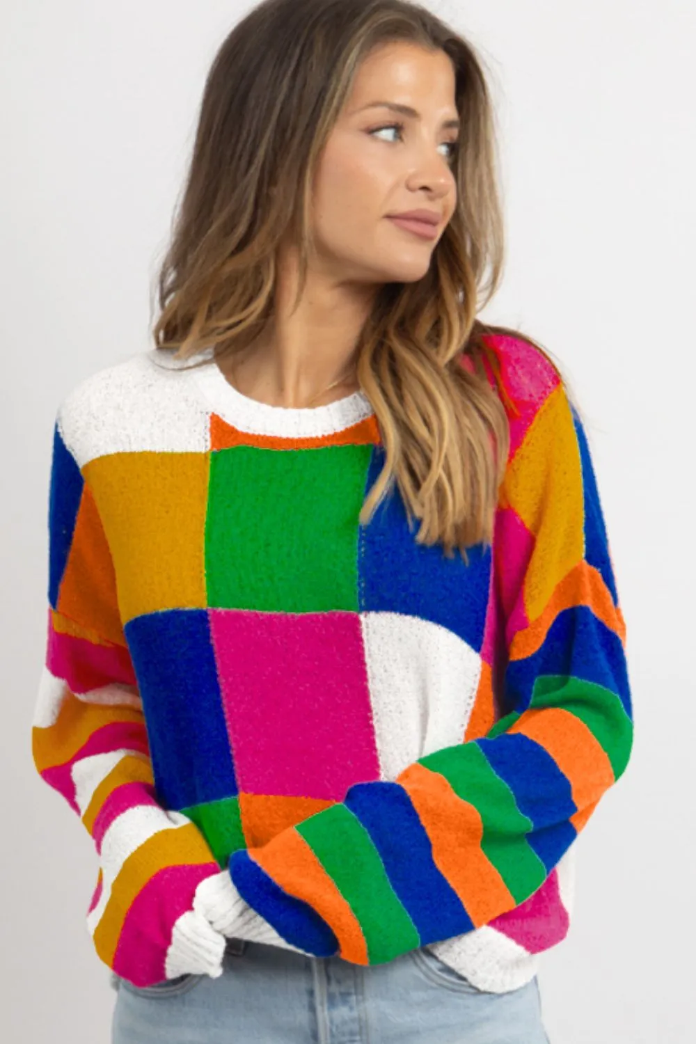 Color Block Round Neck Long Sleeve Sweater, image 4