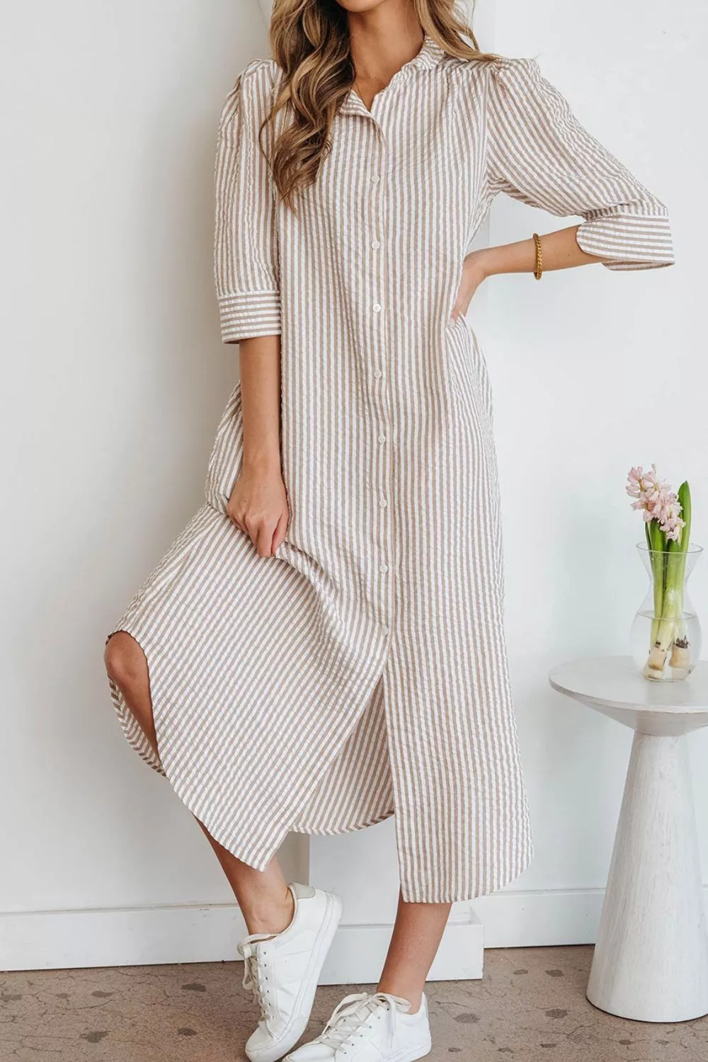 Stripe Frilled Collar Half Sleeve Shirt Dress, image 5