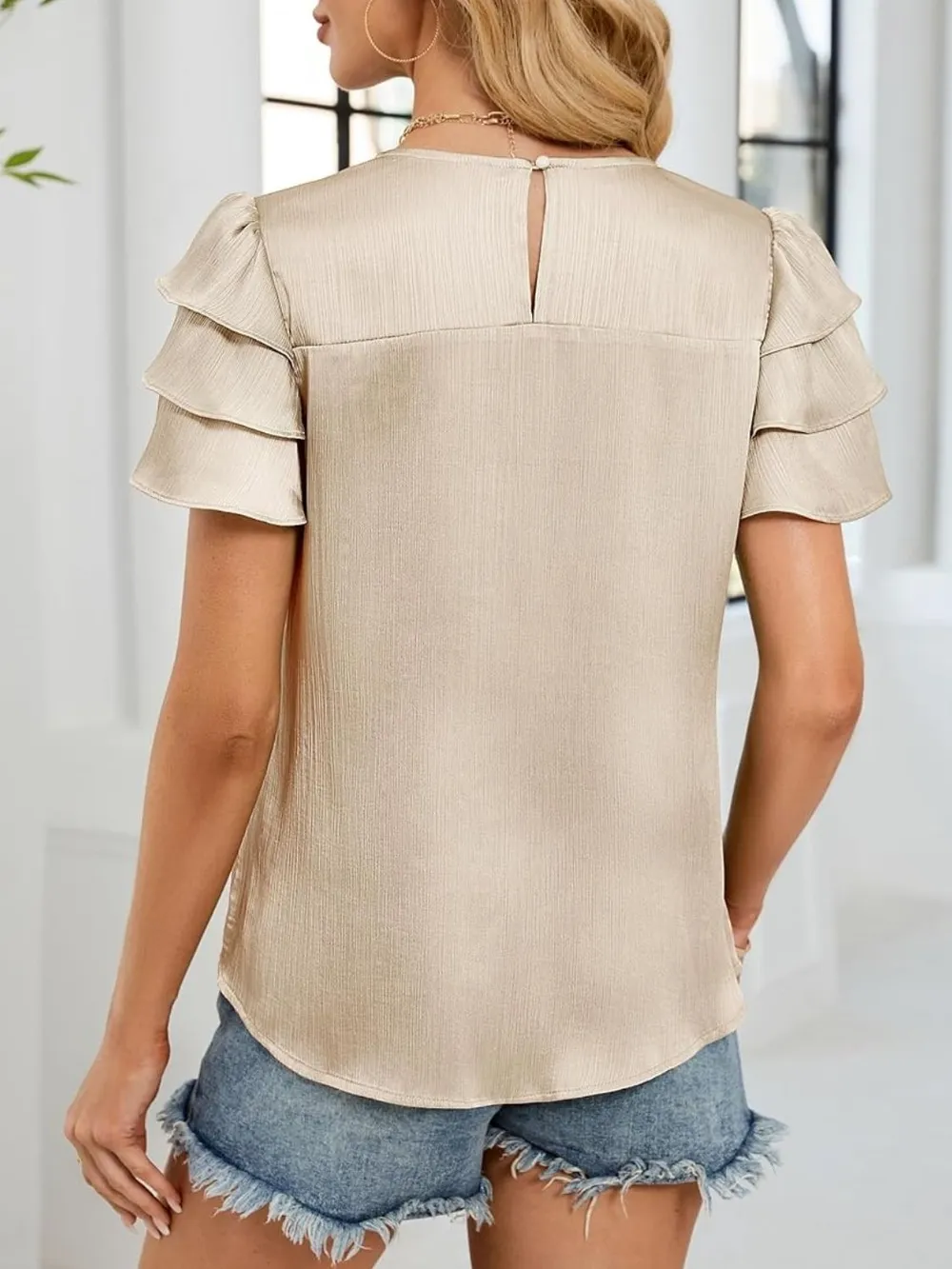 Smocked Round Neck Ruffled Layered Sleeve Blouse, image 9