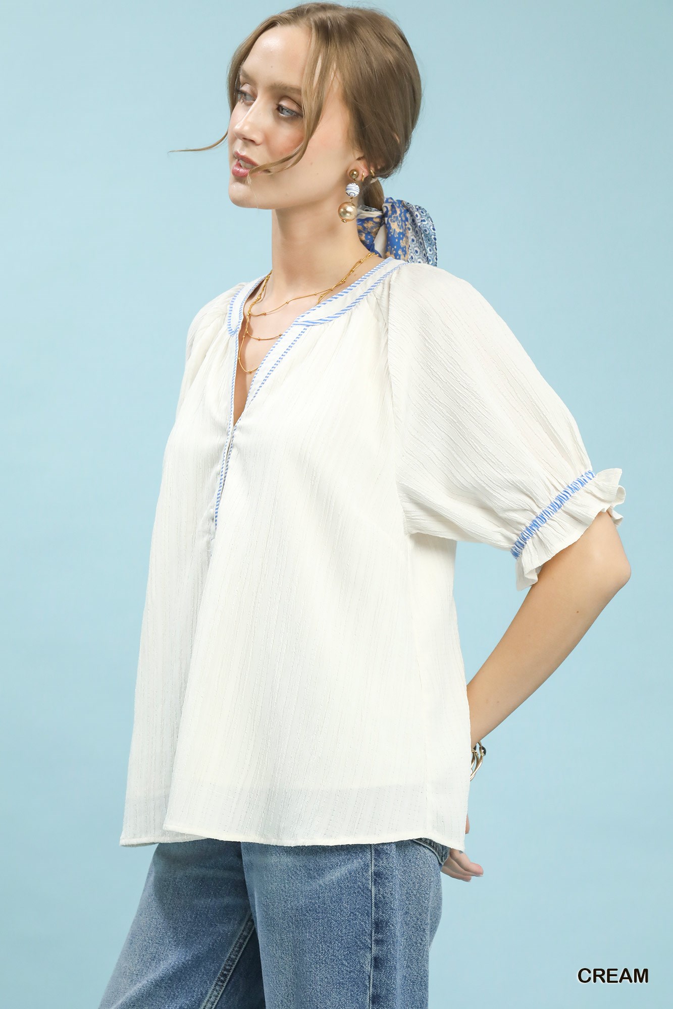 Textured Split Neck Puff Sleeve Top, image 3