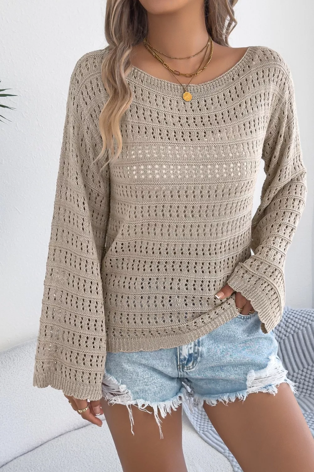 Openwork Boat Neck Knit Cover Up, image 3