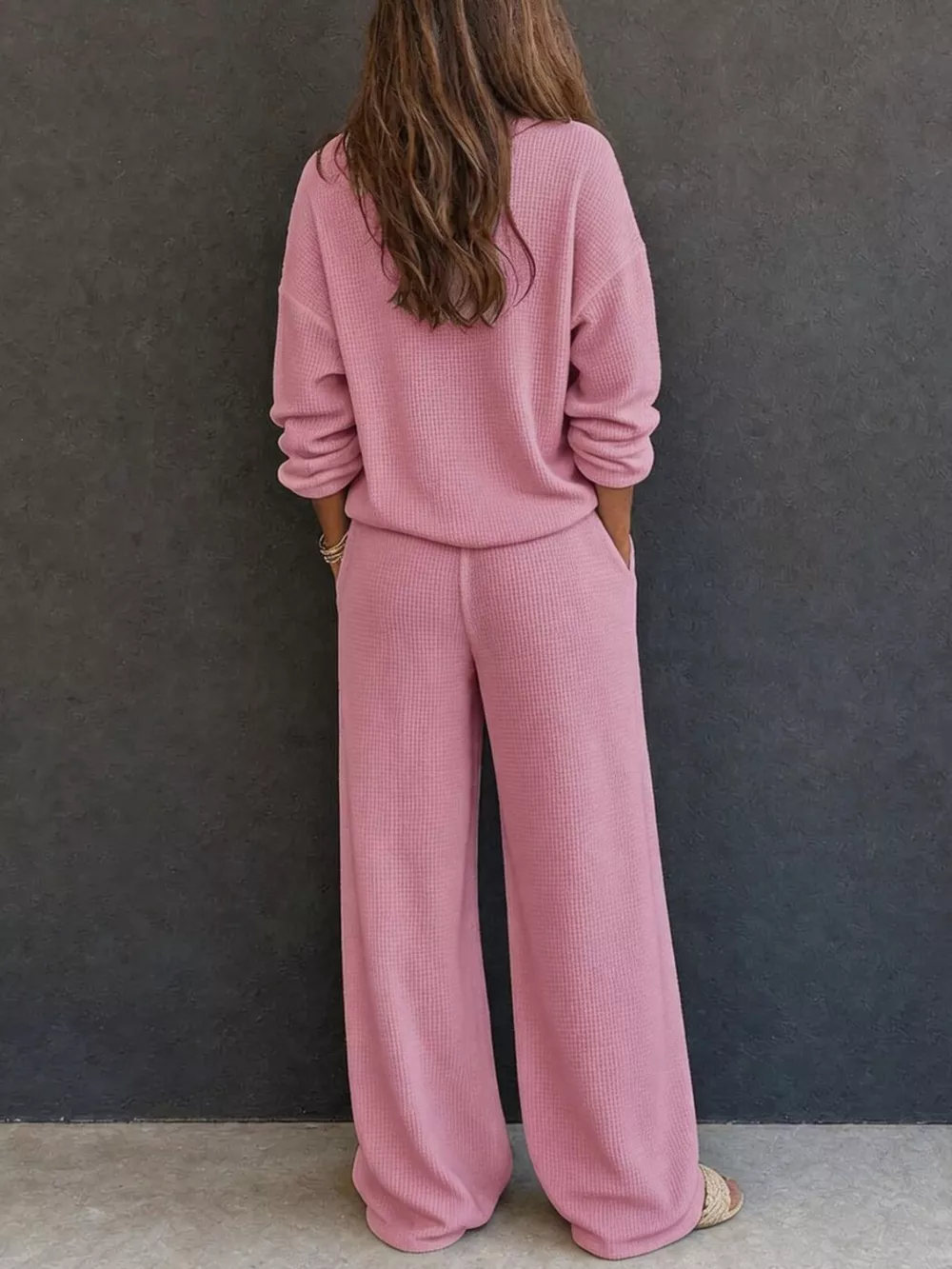 Waffle Knit Button Detail Top and Pants Set, image 8