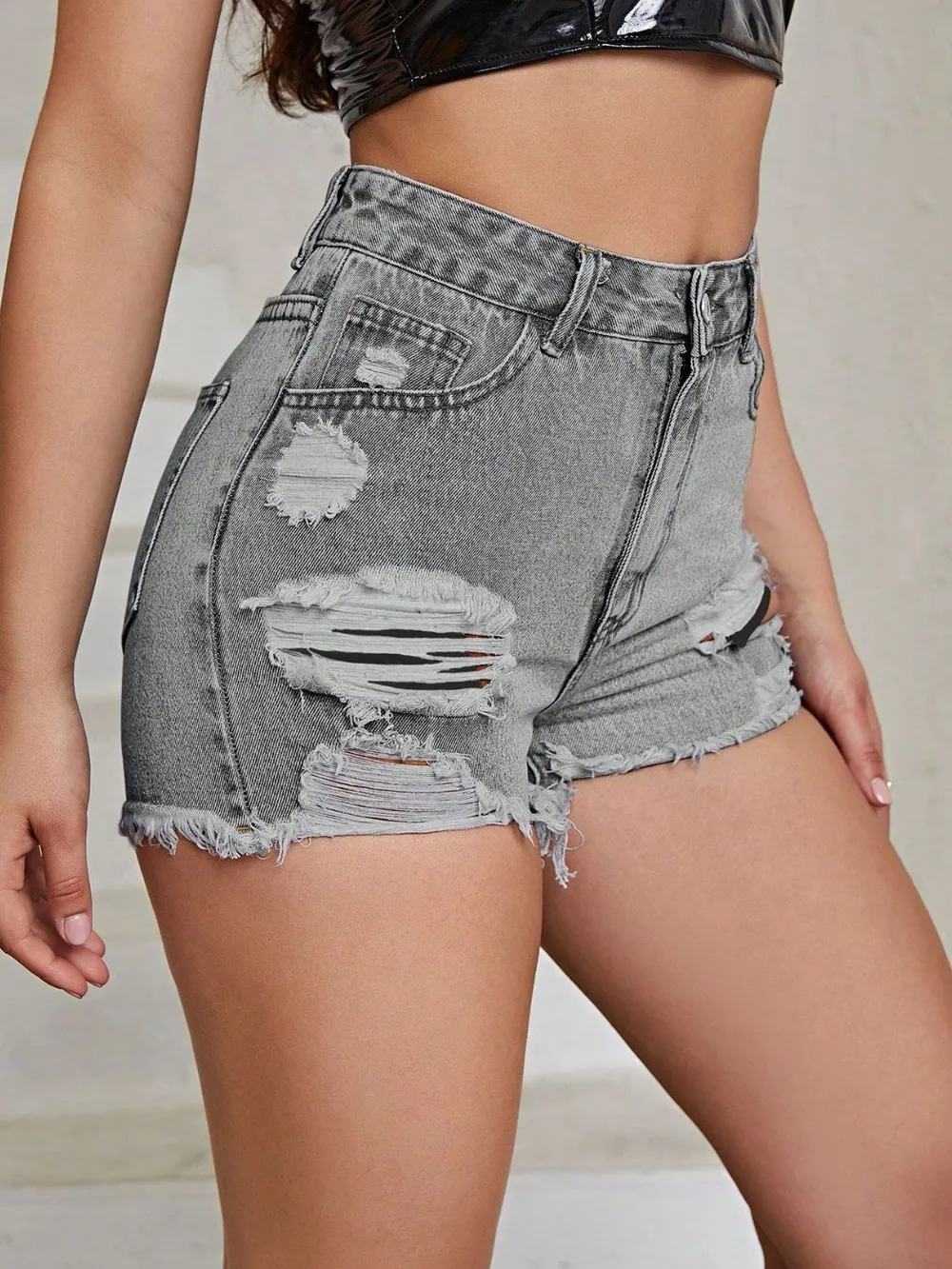 Distressed Raw Hem High Rise Denim Shorts, image 11