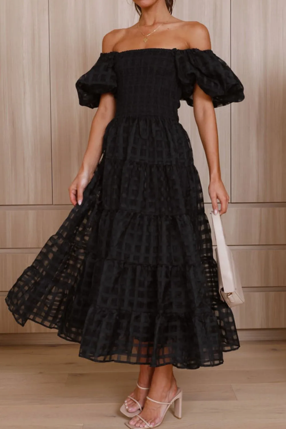 Off Shoulder Short Puff Sleeve Midi Dress, image 7