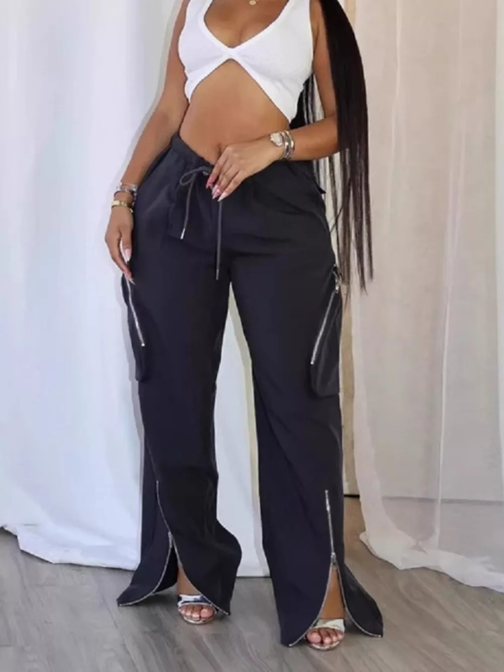 Drawstring Cargo Pants with Zipper Accents, image 5