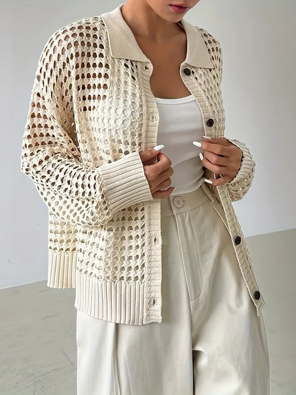 Hollow Out Knit Button Front Cardigan
