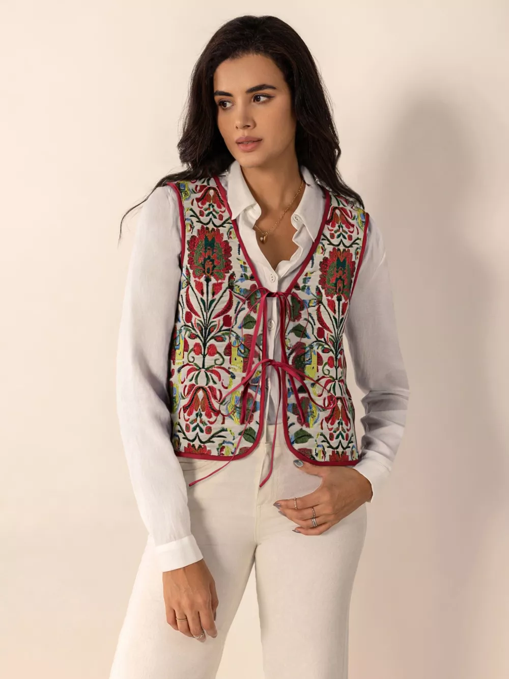 Floral Embroidered Tie-Front Vest Coat, image 4