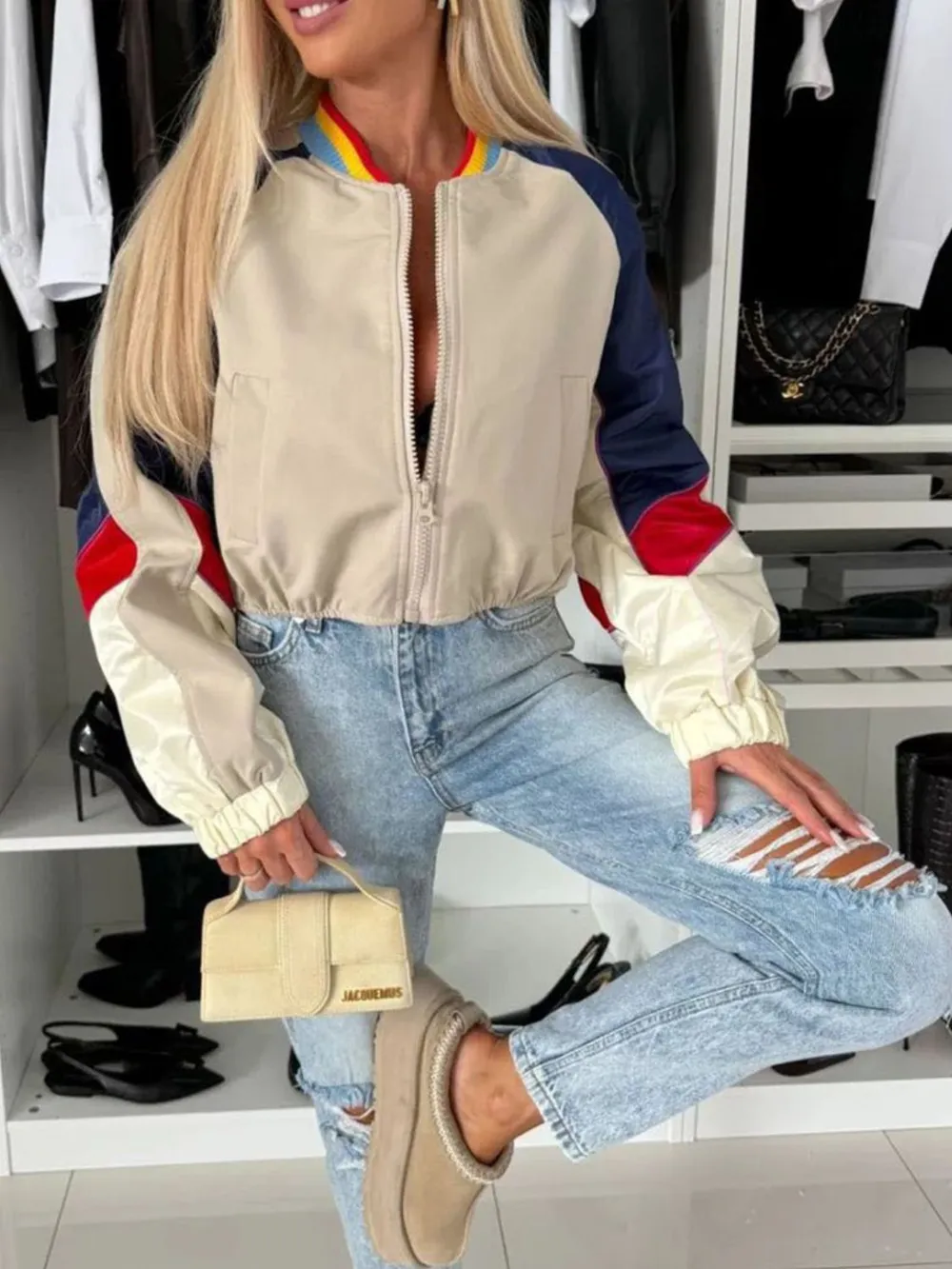 Contrast Baseball Collar Zip Up Long Sleeve Jacket, image 2