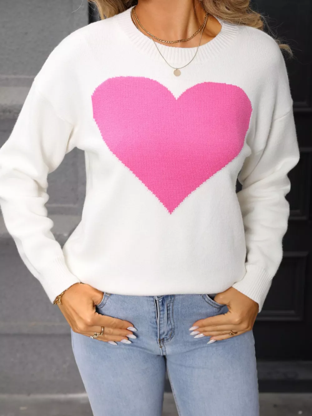 Valentine's Day Heart Round Neck Dropped Shoulder Sweater, image 7