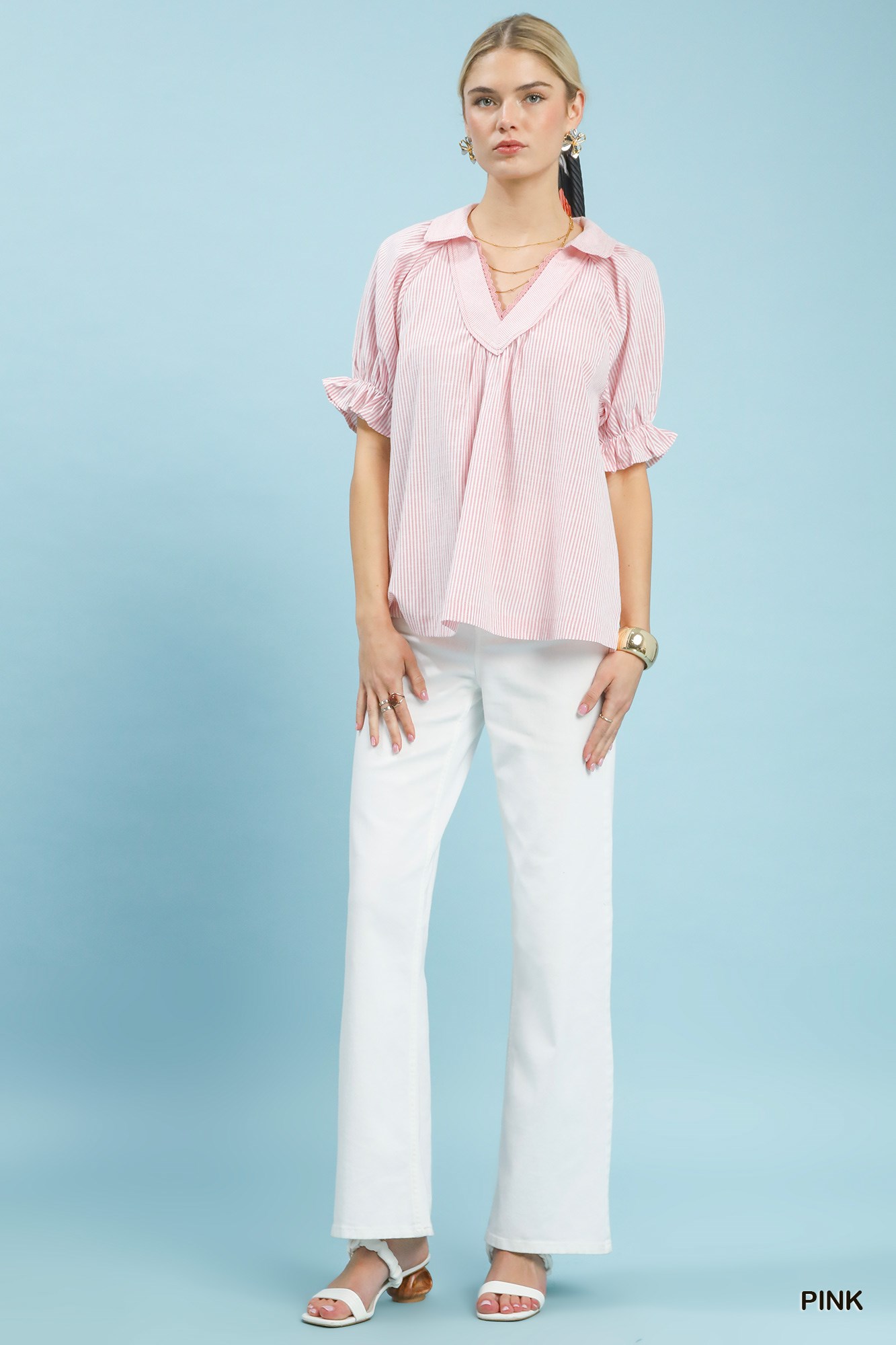 Pinstripe V-Neck Ruffle Sleeve Blouse, image 4