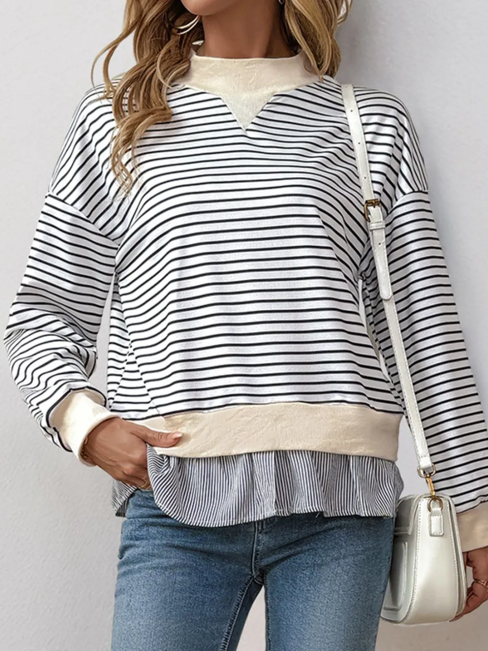Faux Layered Striped Long Sleeve Sweatshirt, image 4