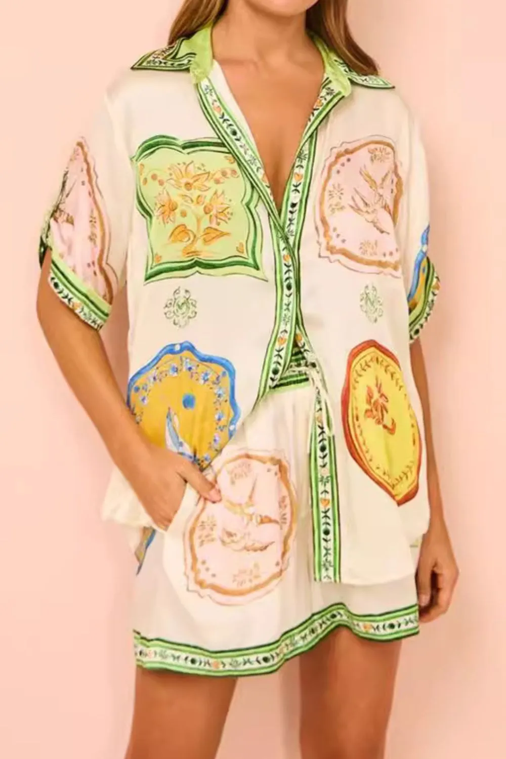Printed Short Sleeve Button Down Top and Shorts Set, image 4