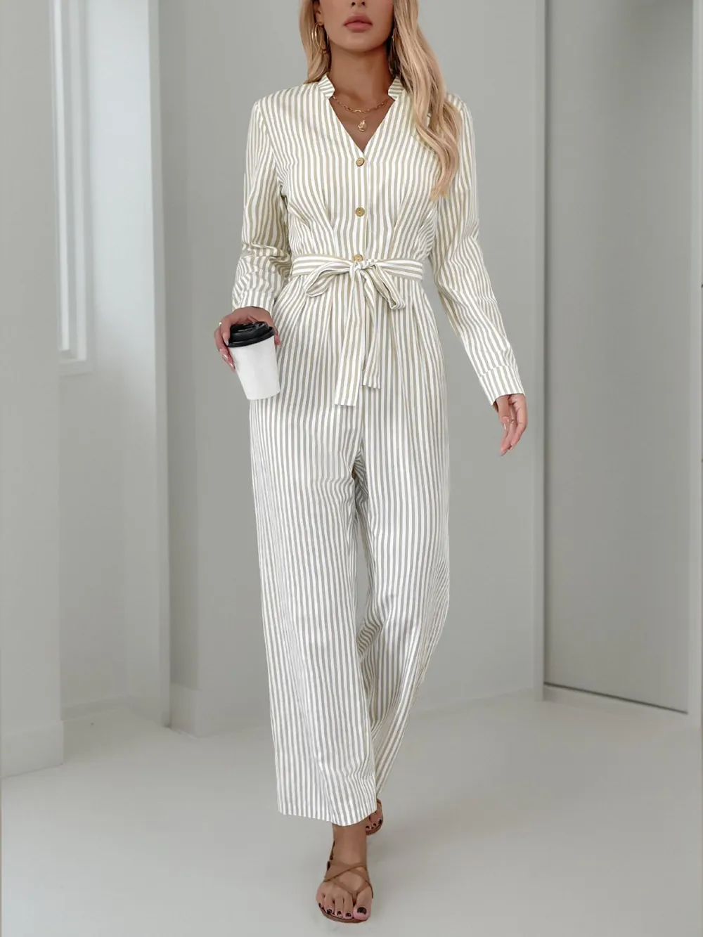 Striped Notched Long Sleeve Tie Waist Jumpsuit, image 3