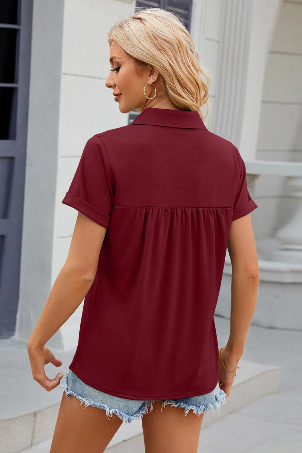 Ruched Johnny Collar Short Sleeve Blouse, image 3