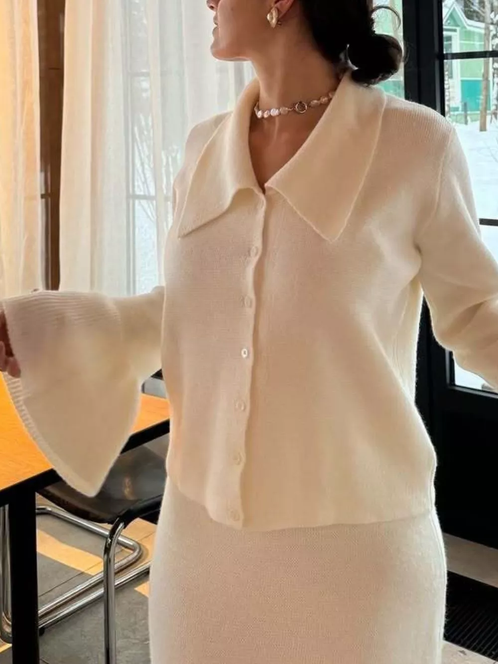 Button Down Long Sleeve Cardigan and Skirt Knit Set, image 7