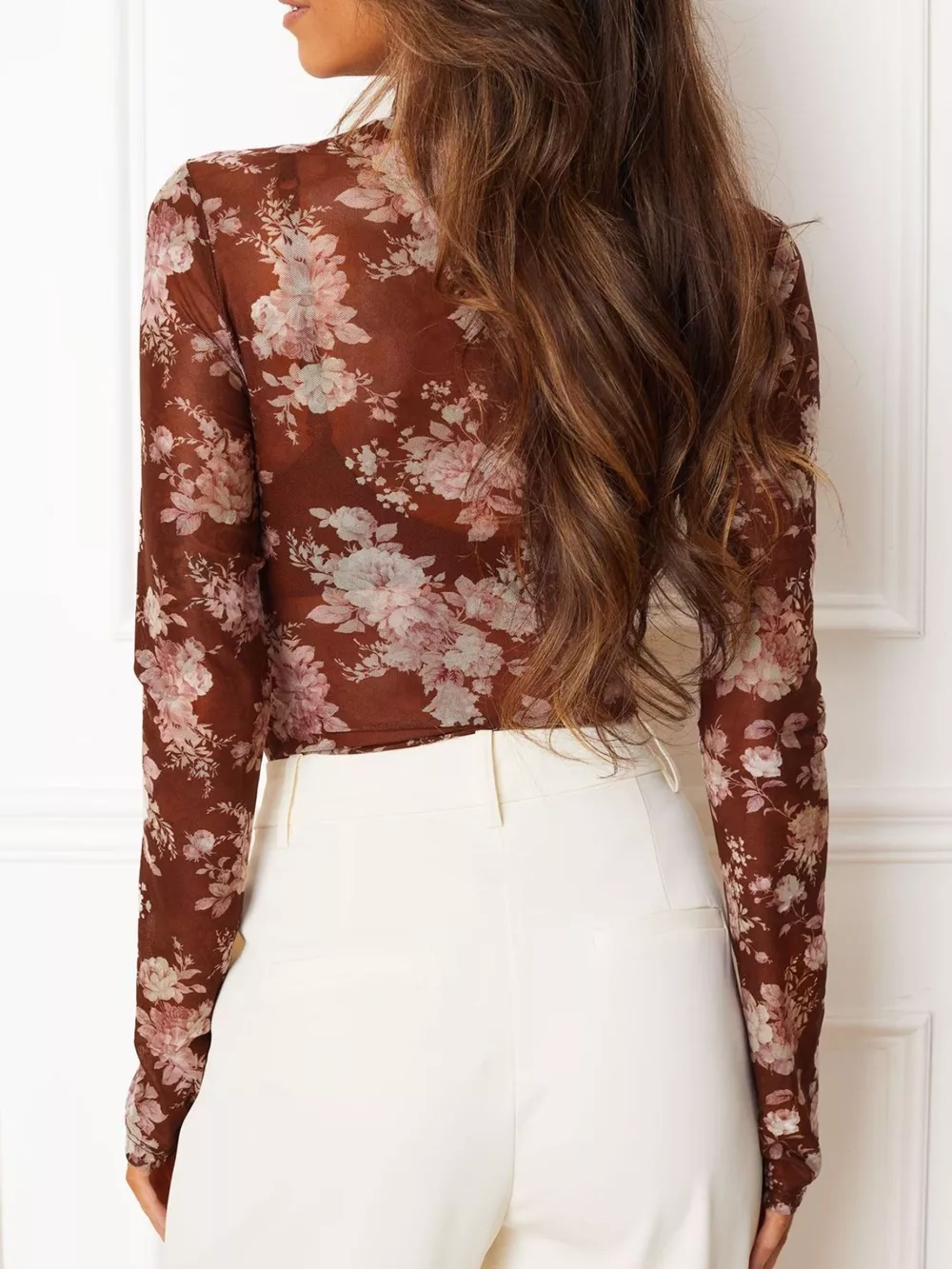 Floral Print Sheer Mesh Long Sleeve Mock Neck Top, image 15