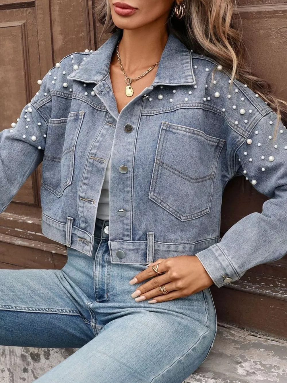 Pearl Embellished Cropped Denim Jacket, image 2