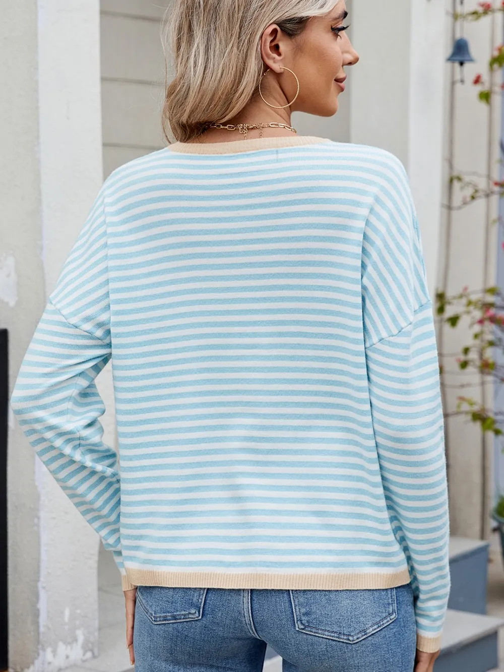 Striped Contrast Round Neck Long Sleeve Sweater, image 7