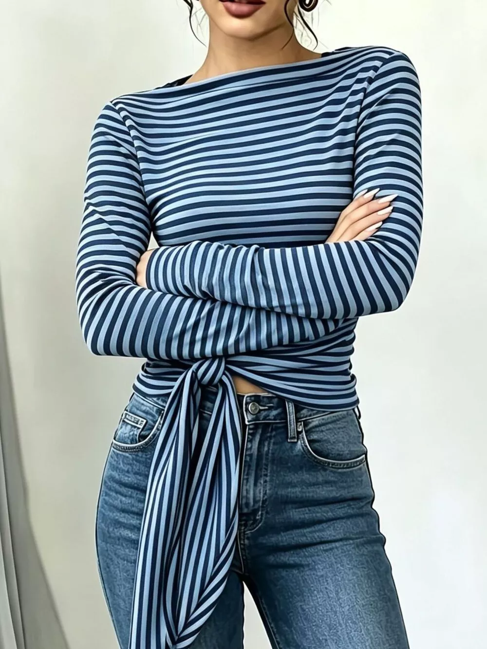 Long Sleeve Striped T-Shirt with Front Tie Detail, image 17