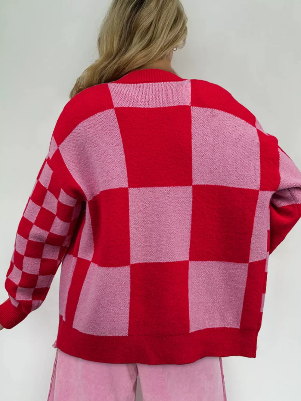 Checkerboard Knit Button-Down Cardigan, image 2