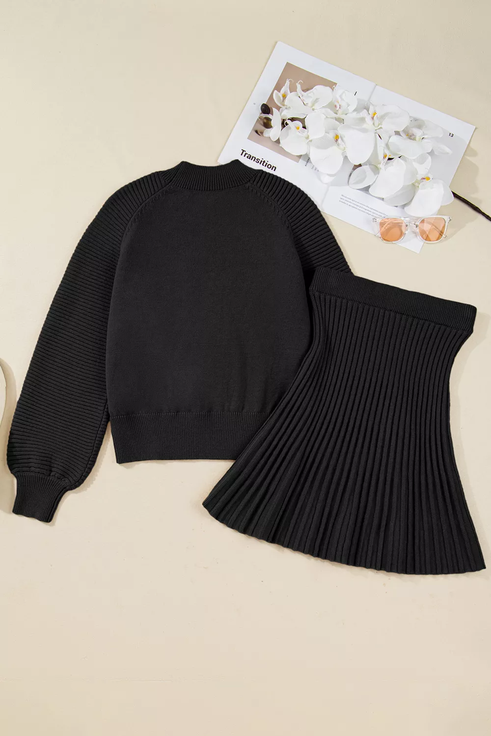 Round Neck Top and Skirt Sweater Set, image 3